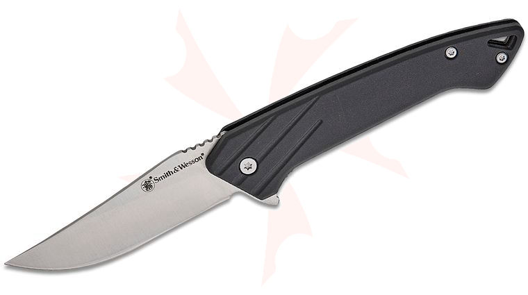 Smith & Wesson Black Ops Recurve Flipper Knife 2.87 inch 7Cr Satin Plain Blade, Black Polymer Handles