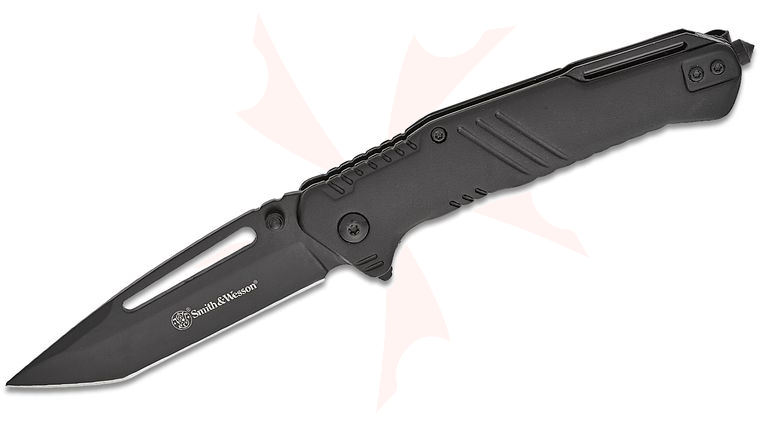 Smith & Wesson Extreme Ops Tanto Flipper Knife 3.5 inch 7Cr Black Tanto Blade, Black Aluminim Handles with Glass Breaker