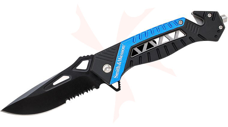 Smith & Wesson SW608BLS Rescue Flipper 3.4 inch Black Combo Blade, Blue/Black Aluminum Handles