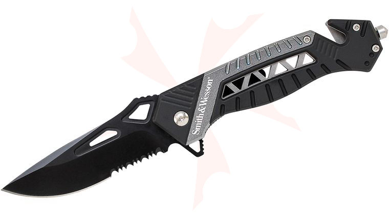 Smith & Wesson SW608S Rescue Flipper 3.4 inch Black Combo Blade, Silver/Black Aluminum Handles