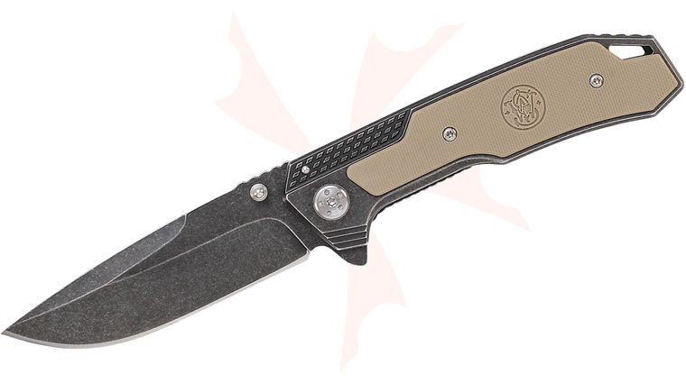 Smith & Wesson SW609 Tactical Flipper 3.6 inch Black Stonewashed Blade, Stainless Steel Handles with Tan G10 Inlay