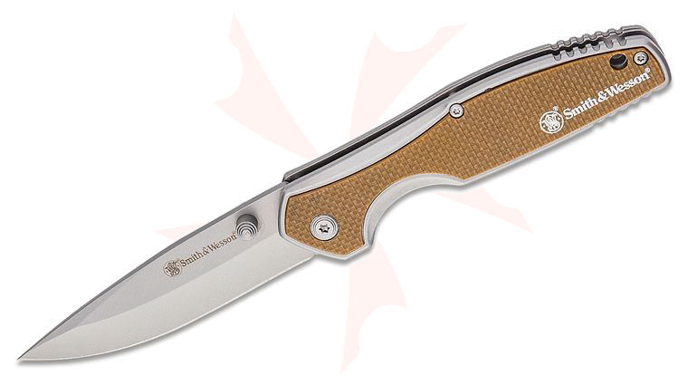 Smith & Wesson Cleft Assisted Opening Folding Knife 3.4 inch Satin Clip Point Blade, Tan G10 and Stainless Steel Handles