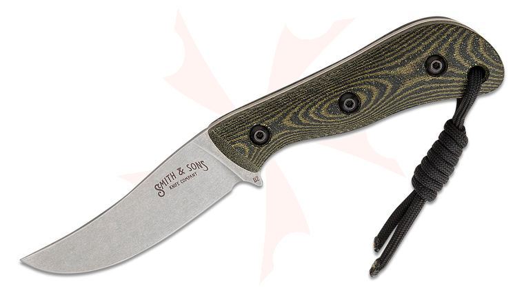 Smith & Sons Vaquero Fixed Blade Knife 3.5 inch D2 Stonewashed Trailing Point, OD Green and Black Linen Micarta Handles, Leather Sheath