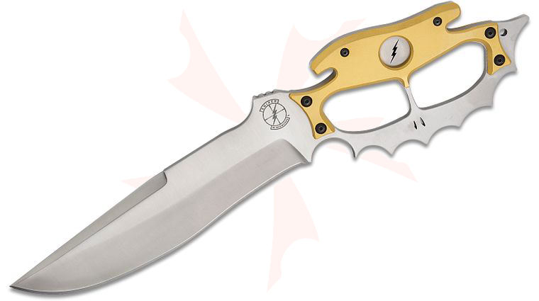 Sniper Bladeworks BDH British Death Head Fixed Blade Knife 8.47 inch Satin Modified Bowie Blade, Brass Handles with Knuckle Guard, Fitted Canvas Sheath