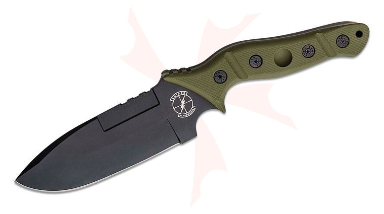 Sniper Bladeworks MAMU Fixed Blade Knife 5.5 inch Black PVD Drop Point, OD Green G10 Handles, Molded Plastic Sheath