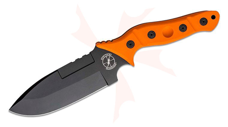 Sniper Bladeworks MAMU Fixed Blade Knife 5.5 inch Black PVD Drop Point, Sniper Orange G10 Handles, Molded Plastic Sheath