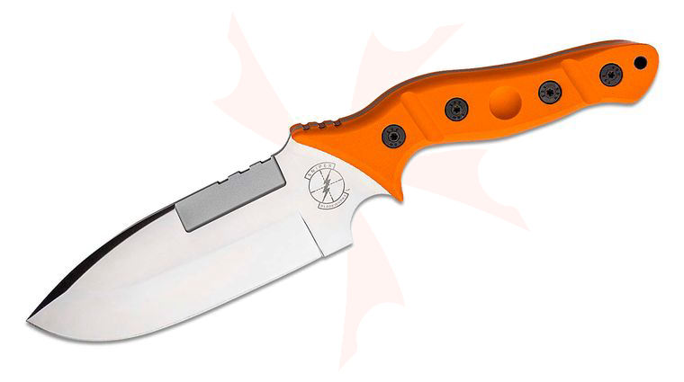 Sniper Bladeworks MAMU Fixed Blade Knife 5.5 inch Satin Drop Point, Sniper Orange G10 Handles, Molded Plastic Sheath