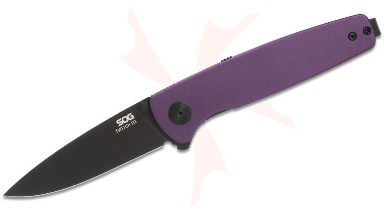 SOG Twitch III Assisted Liner Lock Flipper Knife 3.1 inch 154CM Black TiNi Drop Point Blade, Purple Aluminum Handles