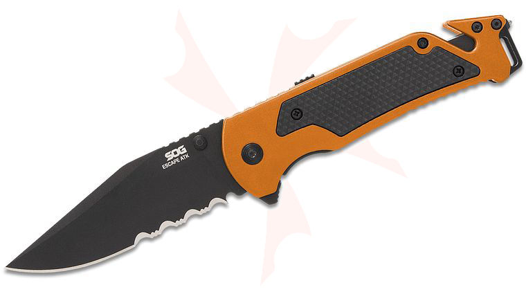 SOG Escape ATK 2.0 Assisted Liner Lock Rescue Flipper Knife 3.5 inch AUS-8 Black PVD Clip Point Combo Blade, Hi-Vis Orange Aluminum Handles