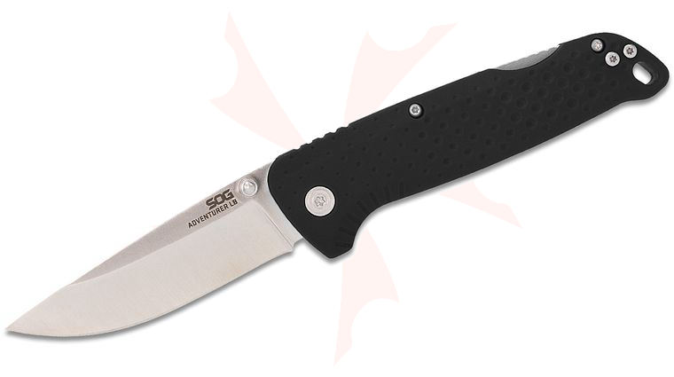 SOG Adventurer LB Lock Back Folding Knife 3 inch Satin Drop Point Blade, Black GRN Handles