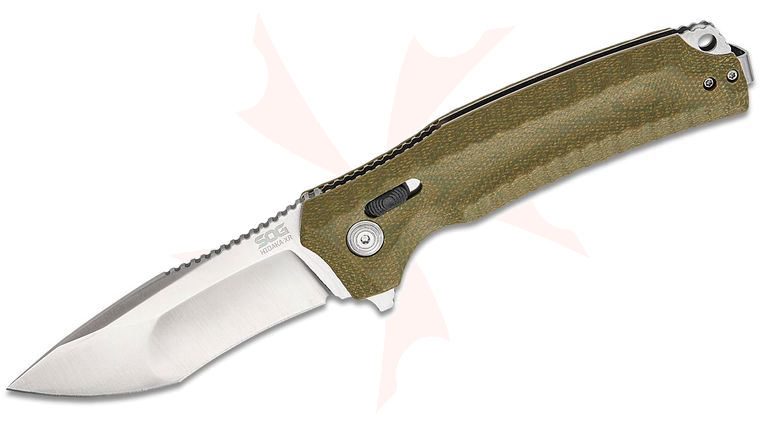 SOG Hidaka XR Flipper Knife 3.5 inch CPM-3V Satin Kiku Blade, Green Micarta Handles