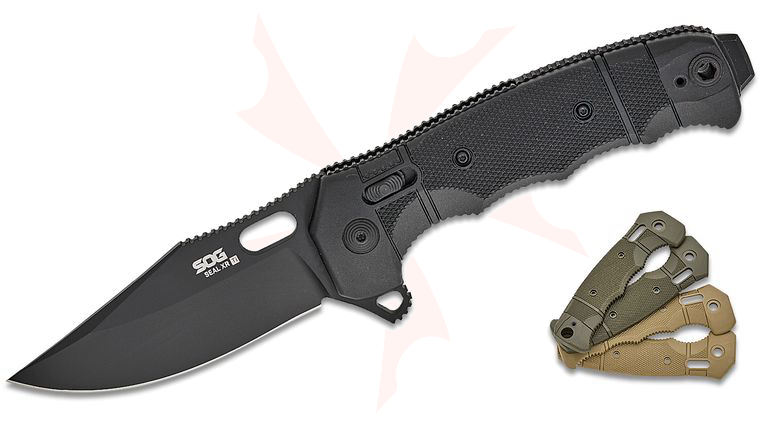 SOG SEAL XR Ti Crossbar Lock Flipper Knife 3.9 inch CPM-MagnaCut Black TiNi Clip Point Blade, Black GRN Handles, Green and Tan Scales Included - XR Lock USA Made