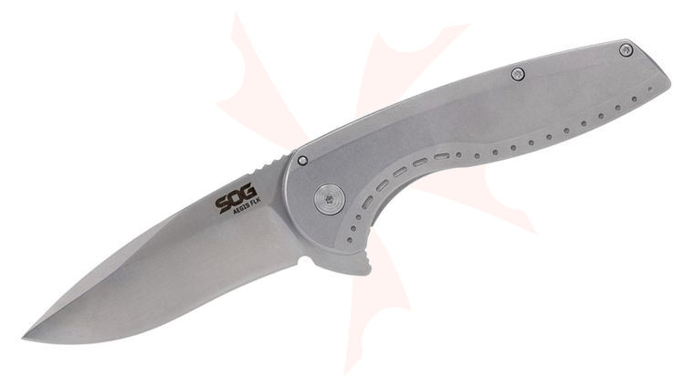 SOG Aegis FLK 2.0 Flipper Knife 3.5 inch Satin Drop Point Blade, Stonewashed Stainless Steel Handles