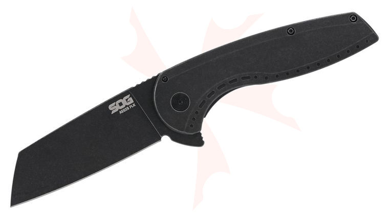 SOG Aegis FLK 2.0 Flipper Knife 3.5 inch Black PVD Wharncliffe Blade, Black Stonewashed Stainless Steel Handles
