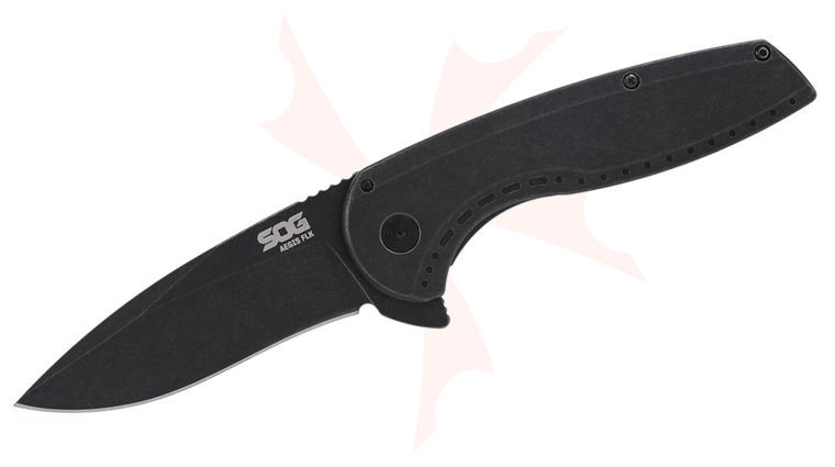 SOG Aegis FLK 2.0 Flipper Knife 3.5 inch Black Stonewashed Drop Point Blade, Black Stonewashed Stainless Steel Handles