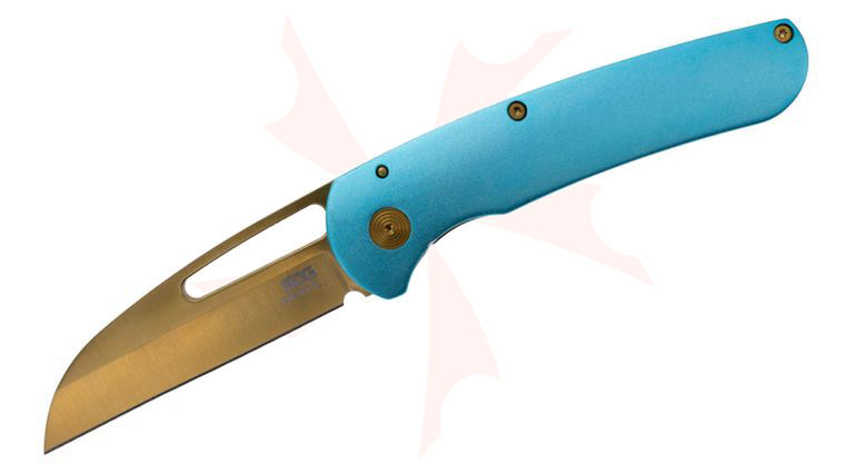 SOG Escape FL 2.0 Frame Lock Folding Knife 3 inch Gold TiNi Sheepsfoot Blade, Blue and Gold Stainless Steel Handles