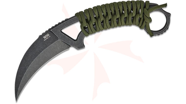 SOG Gambit XL Karambit Fixed 4 inch AUS-10A Black Stonewashed Hawkbill Blade, Green Paracord Wrapped Handles, Kydex Sheath