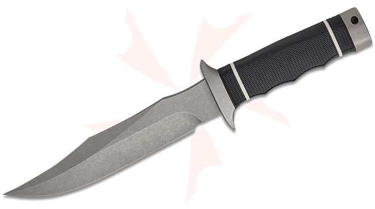 SOG Tech Bowie Fixed Blade Knife 6.4 inch AUS-8 Stonewashed Bowie Blade, Black Kraton Handle, Kydex Sheath