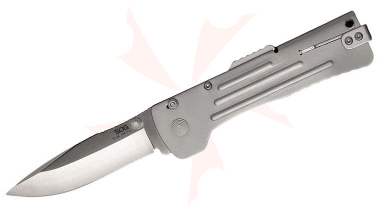 SOG SlimJim 2.0 Assisted Folding Knife 3.18 inch AUS-8 Satin Clip Point Blade, Stainless Steel Handles