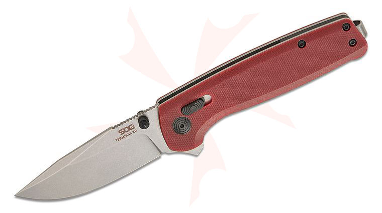 SOG Terminus XR Flipper Knife 2.95 inch Stonewashed D2 Clip Point Blade, Crimson G10 Handles - XR Lock
