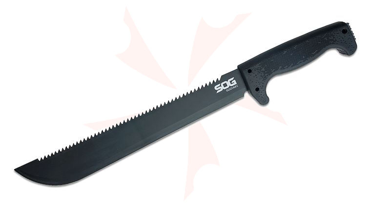 SOG SOGfari Sawback Machete 13 inch Carbon Steel Blade, Kraton Handles