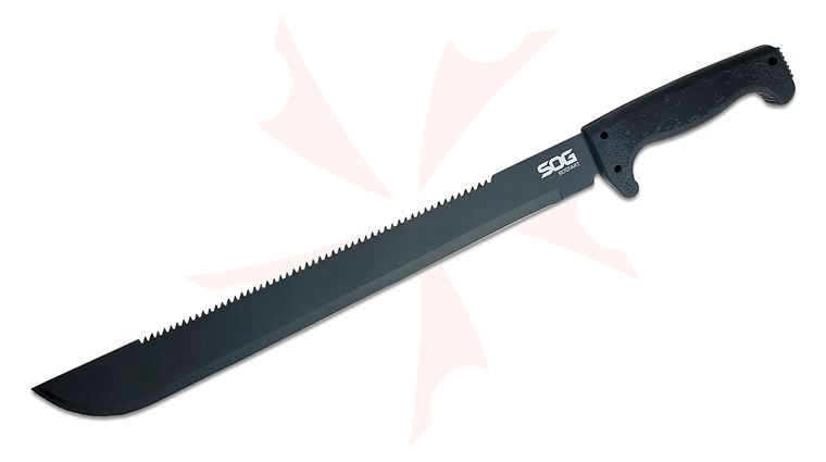 SOG SOGfari Sawback Machete 18 inch Carbon Steel Blade, Kraton Handles