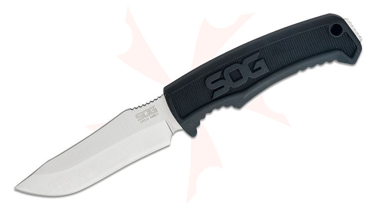 SOG Field Knife Fixed 4 inch Satin Plain Blade, Thermoplastic Rubber Handles, GRN Sheath