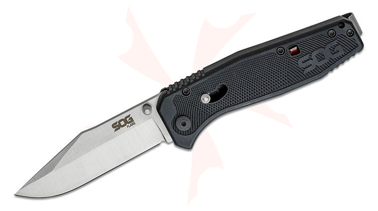 SOG Flare Assisted Folding Knife 3.5 inch Satin Plain Blade, Black GRN Handles