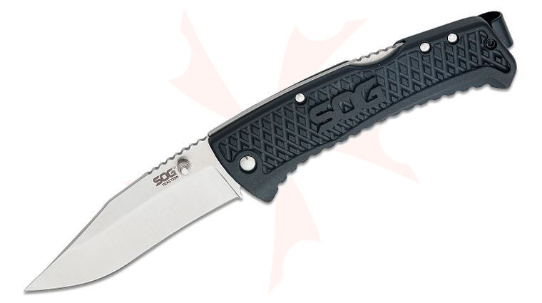 SOG Traction Folding Knife 3.5 inch Clip Point Plain Blade, Black GRN Handles