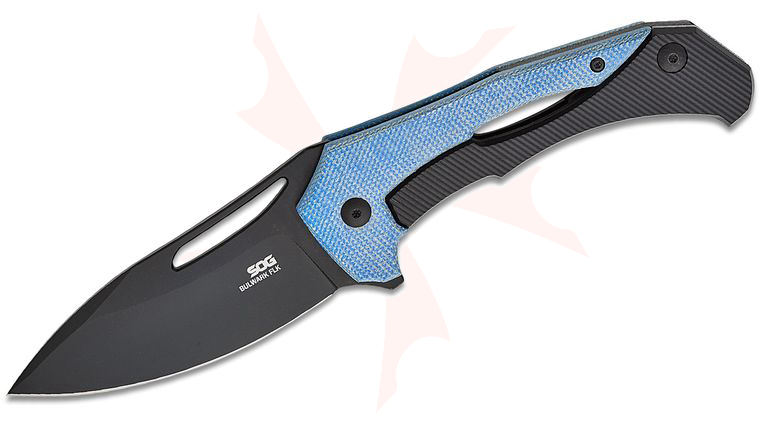 SOG Mikkel Willumsen Bulwark FLK Flipper Knife 3.58 inch D2 Black Drop Point, Blue Micarta and Black Steel Handles
