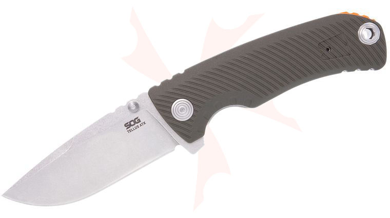 SOG Tellus ATK Liner Lock Assisted Flipper Knife 3.23 inch CRYO 440C Stonewashed Clip Point Blade, OD Green GRN Handles with Blaze Orange Backspacer