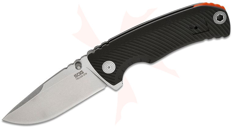 SOG Tellus ATK Liner Lock Assisted Flipper Knife 3.23 inch CRYO 440C Stonewashed Clip Point Blade, Black GRN Handles with Blaze Orange Backspacer