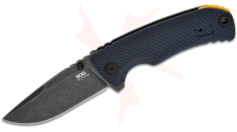 SOG Tellus ATK Liner Lock Assisted Flipper Knife 3.23 inch CRYO 440C Black Oxide Clip Point Blade, Squid Ink Gray GRN Handles with Blaze Orange Backspacer