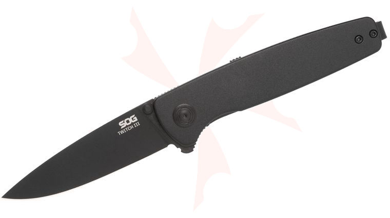 SOG Twitch III Assisted Liner Lock Flipper Knife 3.1 inch 154CM Black TiNi Drop Point Blade, Black Aluminum Handles