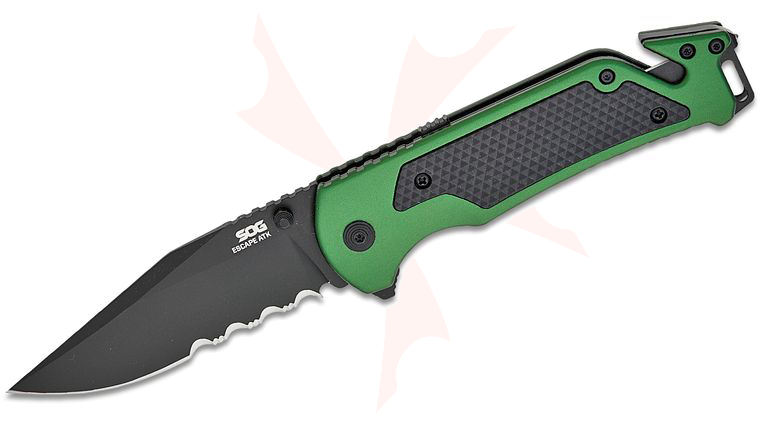 SOG Escape ATK 2.0 Assisted Liner Lock Rescue Flipper Knife 3.5 inch AUS-8 Black PVD Clip Point Combo Blade, Green Aluminum Handles