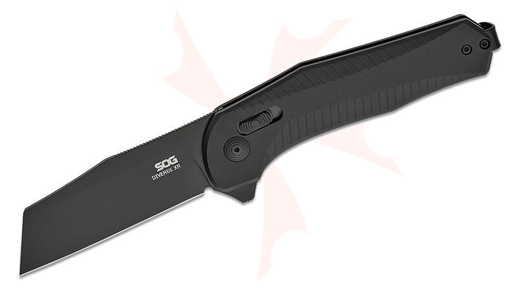SOG Diverge Blackout XR Lock Flipper Knife 3 inch D2 Black PVD Modified Sheepsfoot Blade, Black Aluminum Handles, Reversible Clip