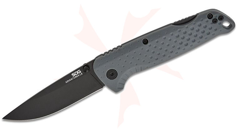 SOG Adventurer LB Lock Back Folding Knife 3 inch Black PVD Drop Point Blade, Gray GRN Handles