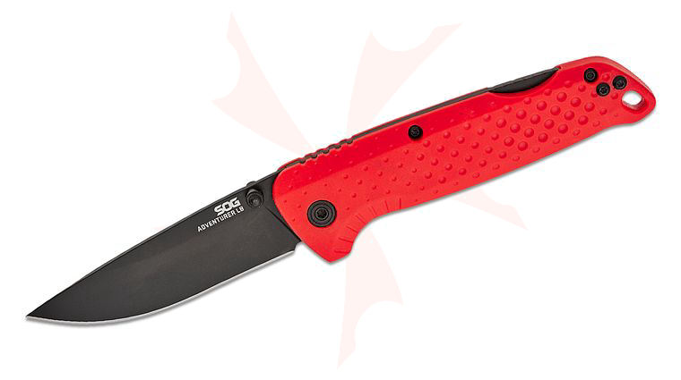 SOG Adventurer LB Lockback Folding Knife 3 inch Black PVD Drop Point Blade, Red GRN Handles
