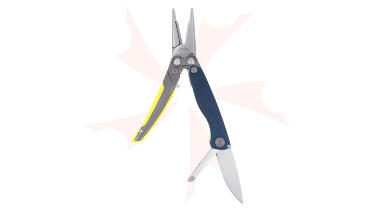 SOG Aegis MT Multi-Tool with 5 Tools, 1.9 inch Assisted 440 Satin Blade, Stainless Steel and Indigo GRN Handles with Acid Yellow Accents, Compound Leverage Pliers
