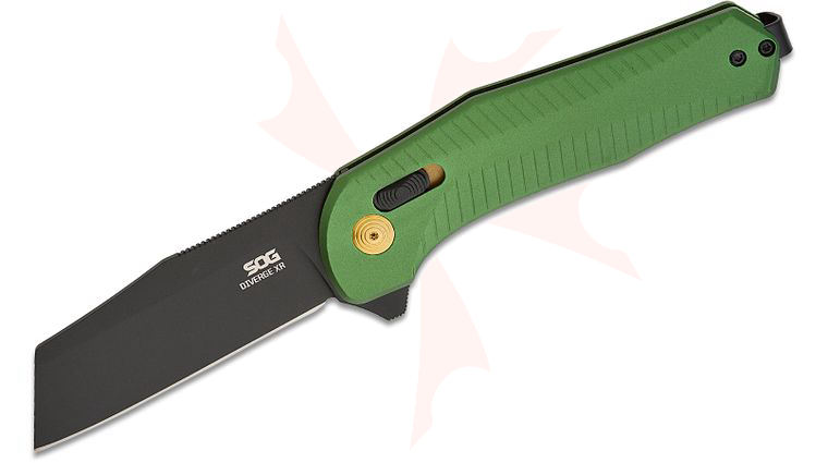 SOG Diverge XR Lock Flipper Knife 3 inch D2 Black PVD Modified Sheepsfoot Blade, Forest Green Aluminum Handles, Reversible Clip