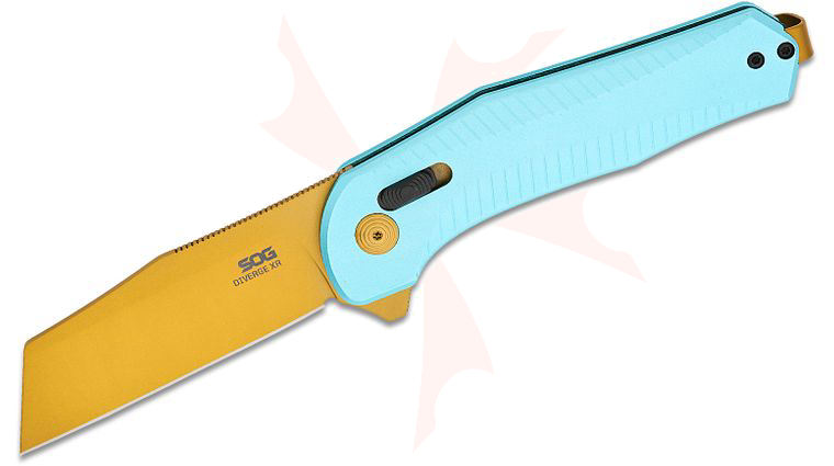 SOG Diverge XR Lock Flipper Knife 3 inch D2 Gold PVD Modified Sheepsfoot Blade, Light Blue Aluminum Handles, Reversible Clip
