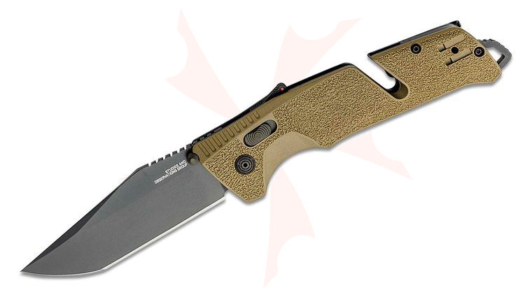 SOG Trident AT Flat Dark Earth Assisted Folding Knife 3.7 inch D2 Black Tanto Plain Blade, FDE GRN Handles