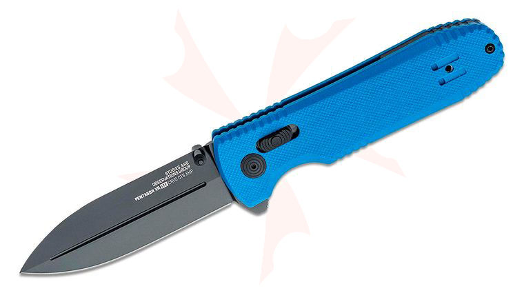 SOG Pentagon XR LTE Flipper Knife 3.61 inch CTS-XHP Black TiNi Plain Blade, Blue G10 Handles - XR Lock