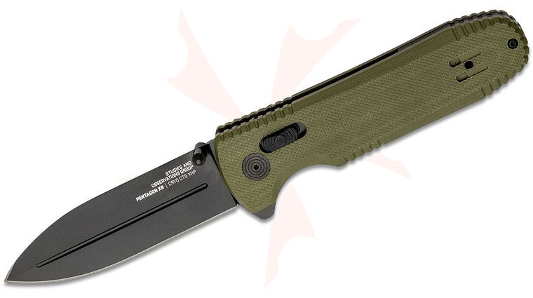 SOG Pentagon XR Flipper Knife 3.61 inch CTS-XHP Black TiNi Plain Blade, OD Green G10 Handles - XR Lock