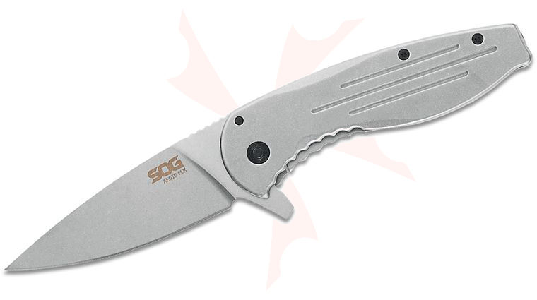 SOG Aegis FLK Flipper Knife 3.38 inch Stonewashed Drop Point Blade, Stonewashed Stainless Steel Handles