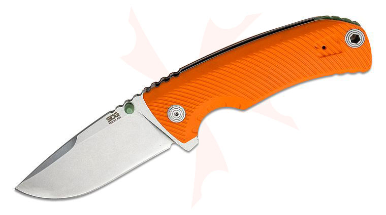 SOG Tellus FLK Flipper Knife 3.65 inch CRYO 440C Stonewashed Clip Point, Blaze Orange GRN Handles