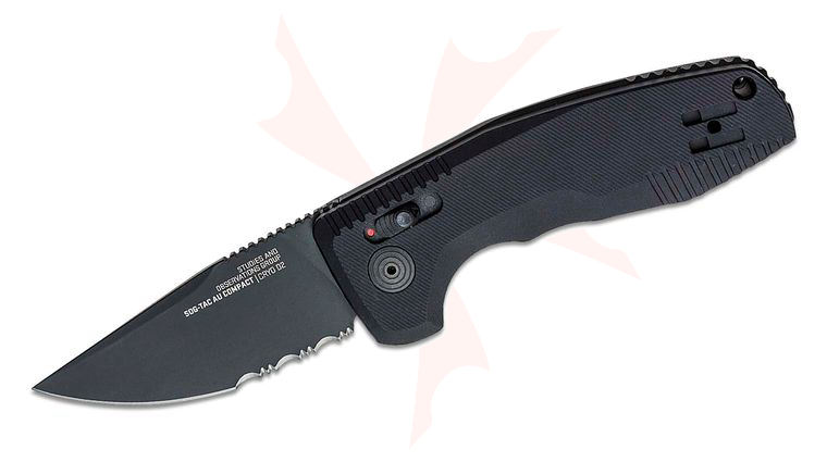 SOG SOG-TAC AU Compact AUTO Folding Knife 2.94 inch D2 Black Drop Point Combo Blade, Black Aluminum Handles - XR Lock