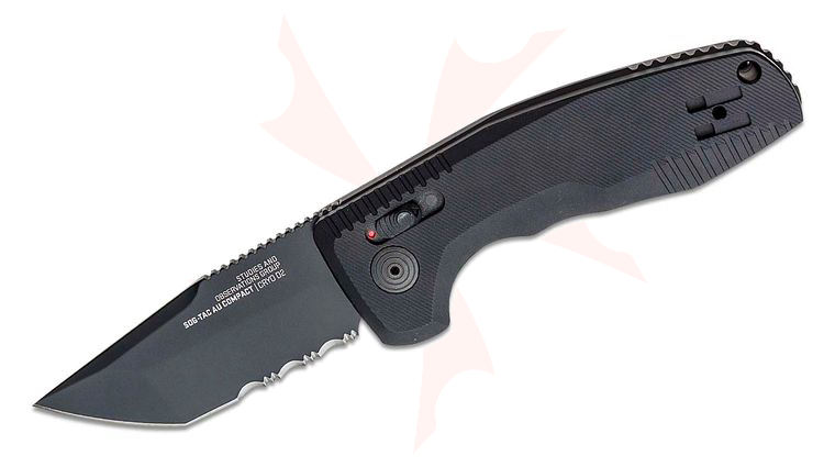 SOG SOG-TAC AU Compact AUTO Folding Knife 2.94 inch D2 Black Tanto Combo Blade, Black Aluminum Handles - XR Lock