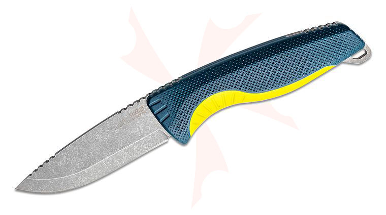 SOG Aegis FX Indigo and Acid Yellow Fixed Blade Knife 3.66 inch 4116 Stonewashed Drop Point, Blue GRN Handles, Universal Mounting System GRN Sheath