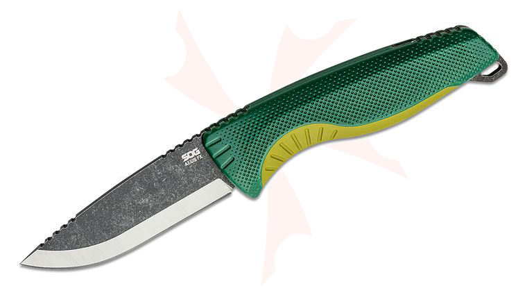 SOG Aegis FX Forest and Moss Green Fixed Blade Knife 3.7 inch 4116 Black Drop Point, Green GRN Handles, Universal Mounting System GRN Sheath